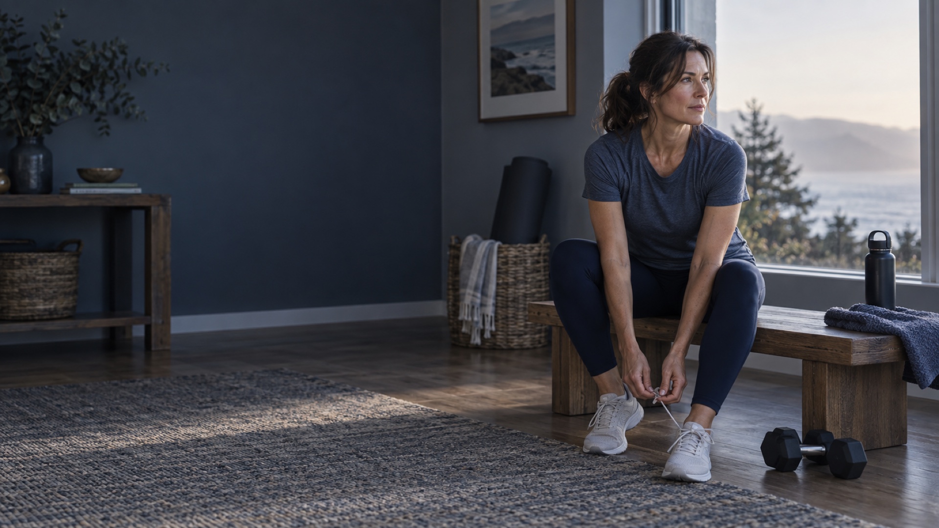 A quiet beginning: a woman ties her sneakers in the morning light.