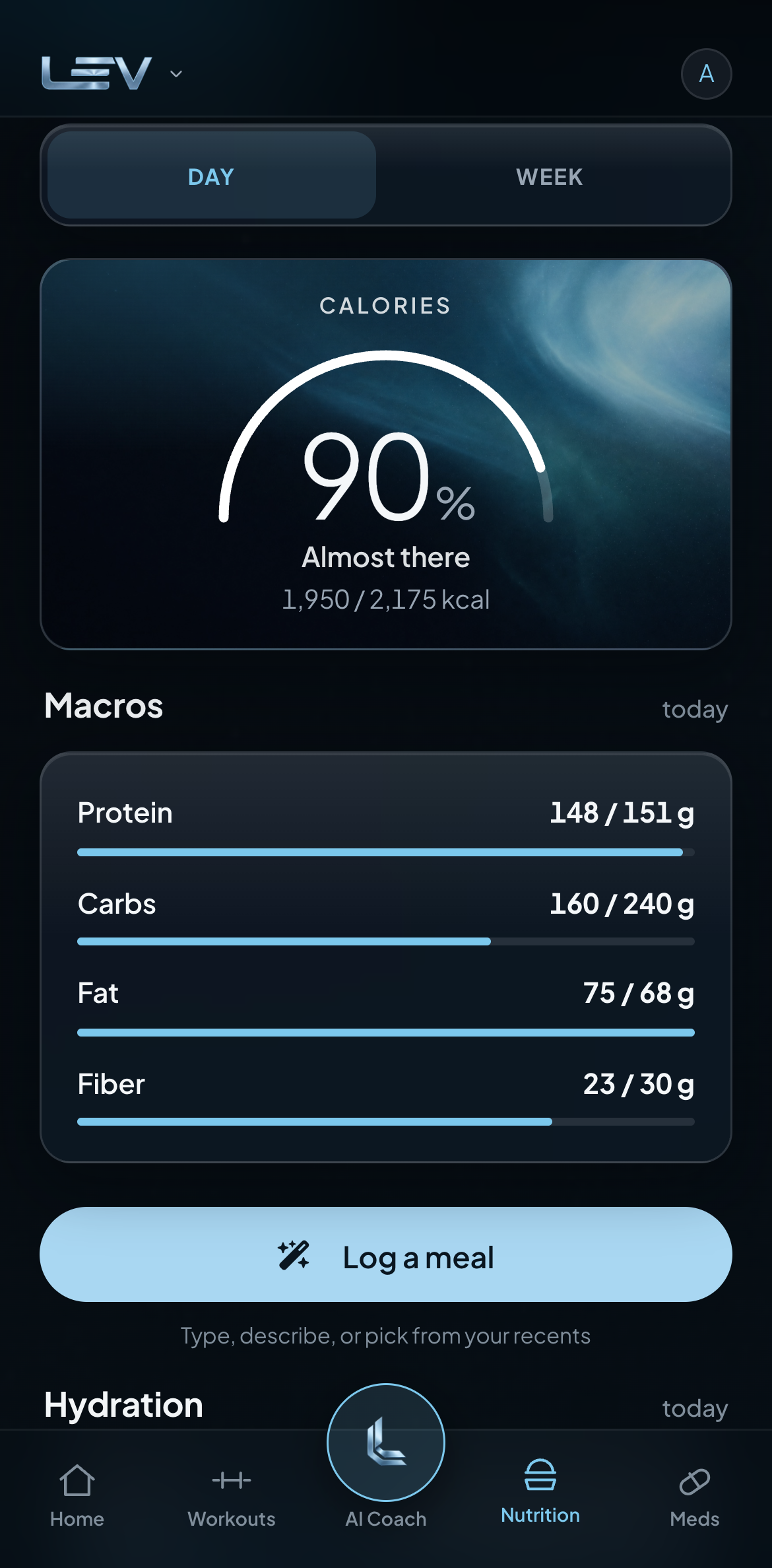 Lev Fitness Nutrition screen with fictional sample data: 1,950 of 2,175 calories, 148 of 151 grams of protein, 160 grams of carbs, 75 grams of fat and 23 grams of fiber.