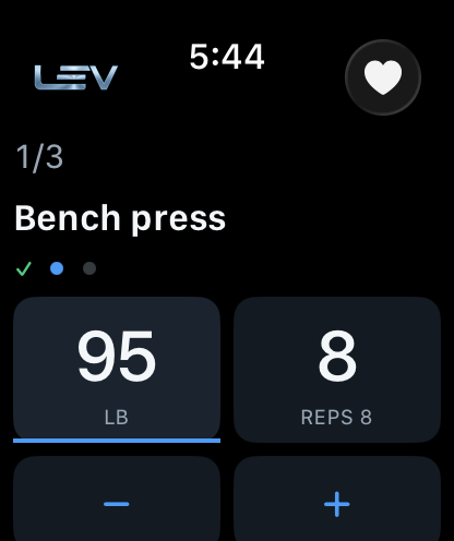 Lev Fitness on Apple Watch: logging bench press, set 2 of 3, 95 pounds for 8 reps.