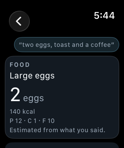 Lev Fitness on Apple Watch: Tell Lev heard two eggs, toast and a coffee, and shows a card for 2 large eggs, 140 calories.